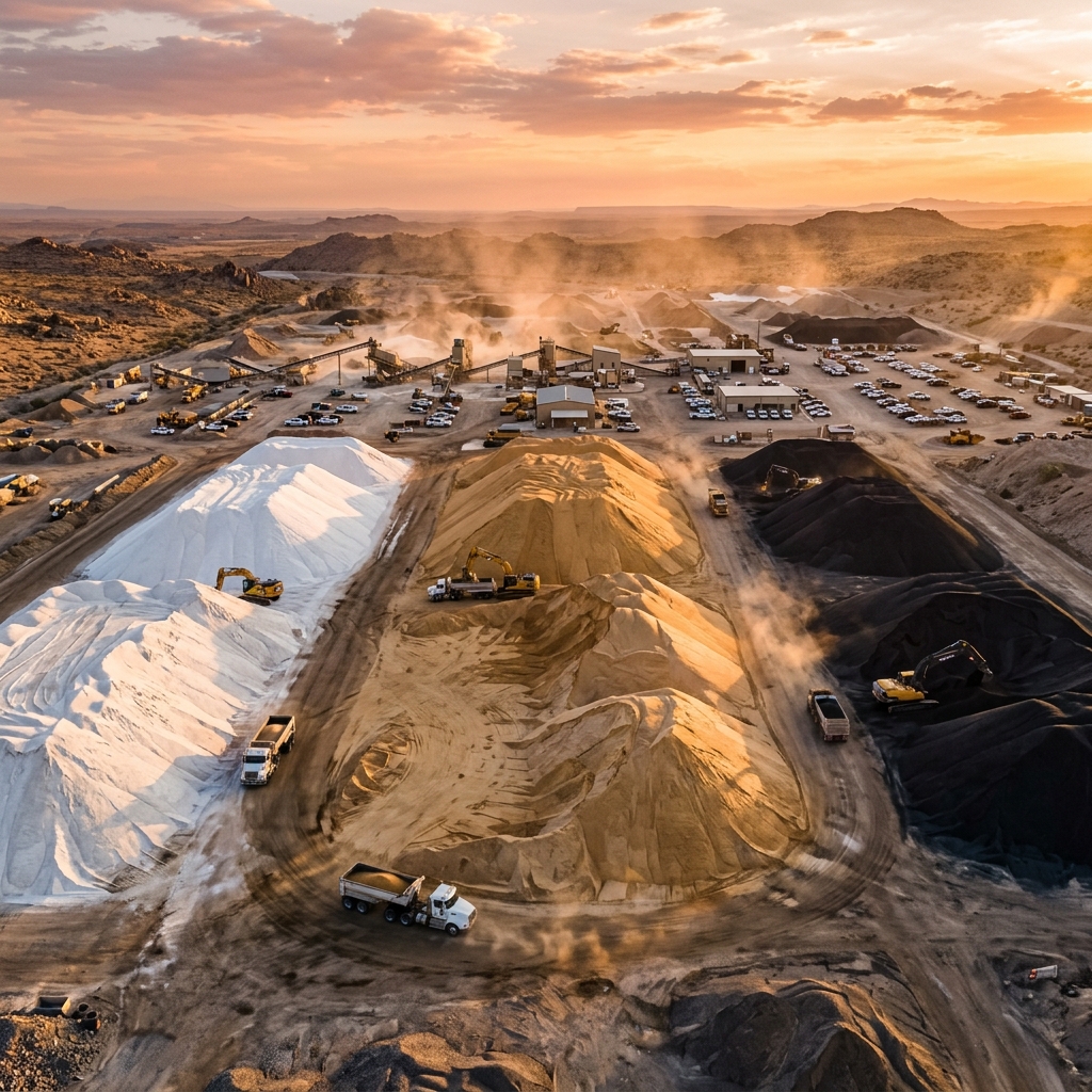 ALKAYAN quarry facility with sand piles at sunset