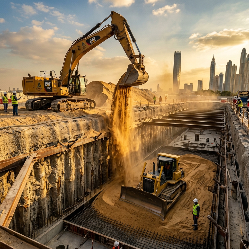 Backfilling sand poured into deep foundation trench by excavator