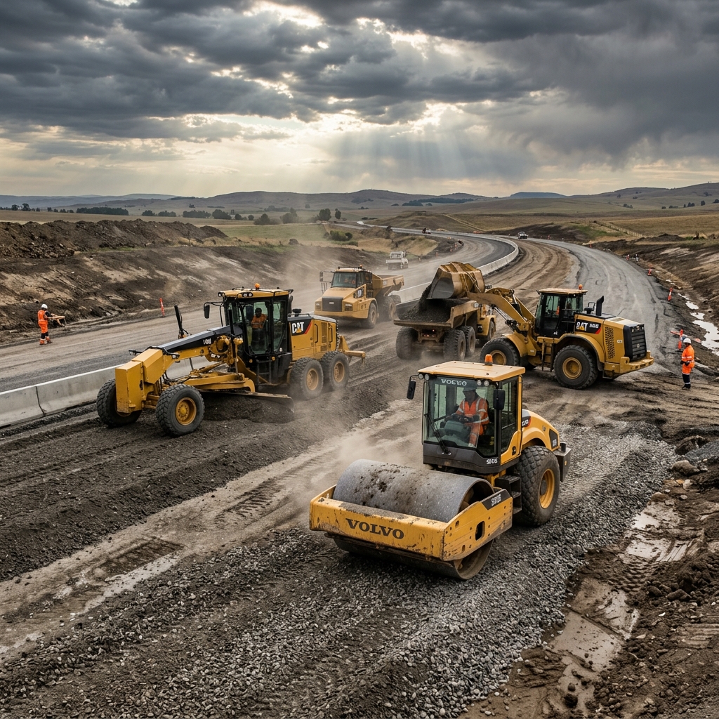 Road base construction with heavy machinery