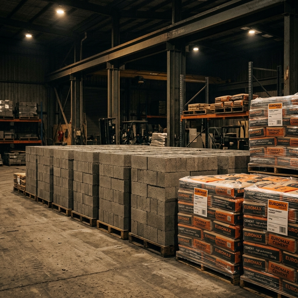 Stacked concrete blocks and cement bags in warehouse