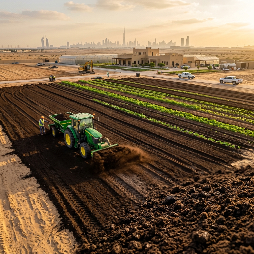 Rich sweet soil topsoil spread on landscaping and farming project in UAE